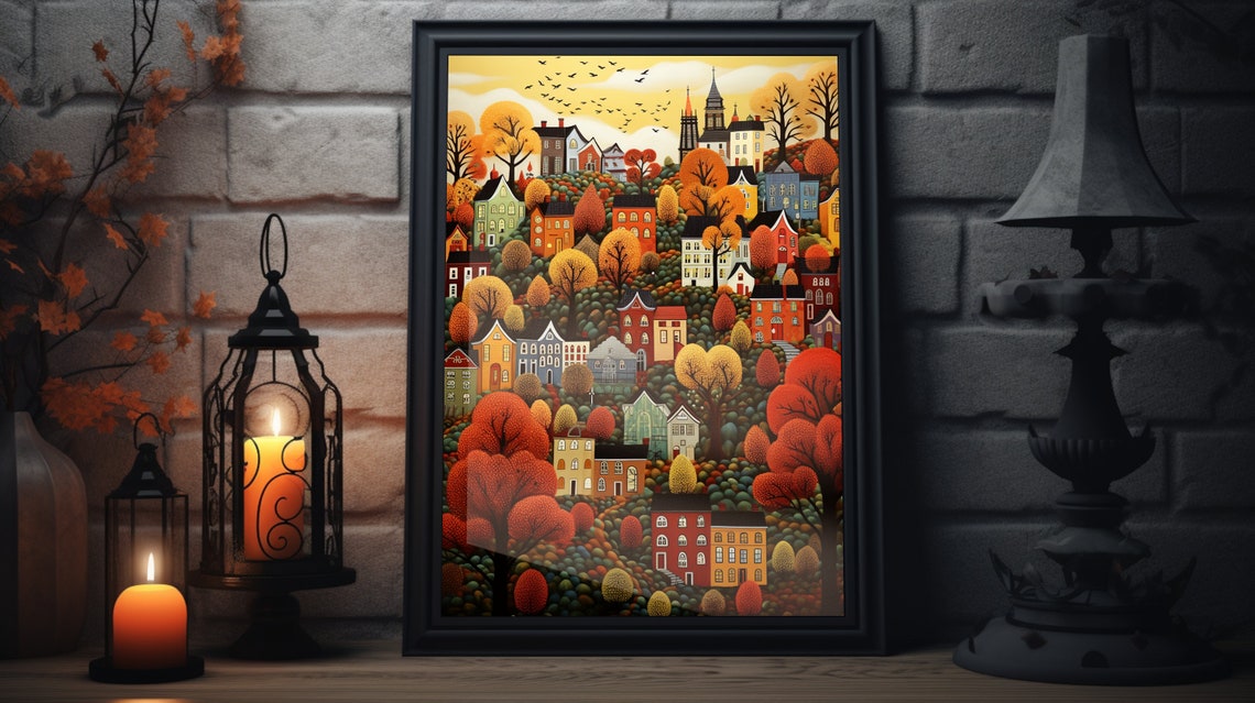 Colorful Autumn Town Church Harvest Hills Thanksgiving Poster