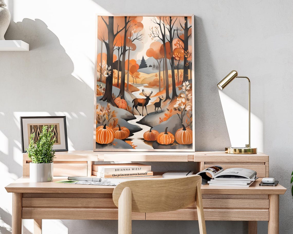 Fall Deer Folk Art Autumn Forest Stream Pumpkins Stag Doe Scene Poster - Image 4