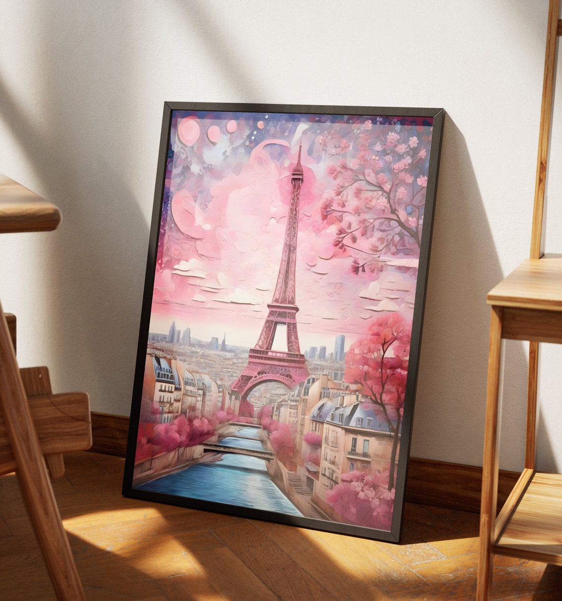 Paris Eiffel Tower Cherry Blossom Pink Sky Seine River Day View Poster - Image 4