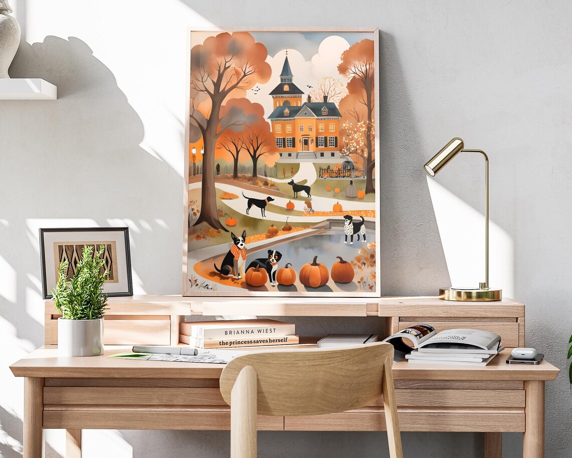 Dogs Playing Among Pumpkins In Front Of Orange Mansion Autumn Art Poster - Image 4