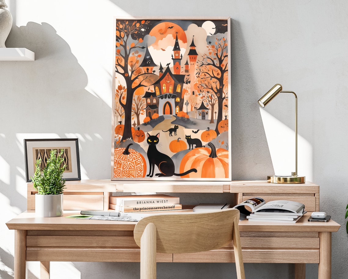 Halloween Black Cats Haunted House Hill Pumpkins Moon Poster - Image 4