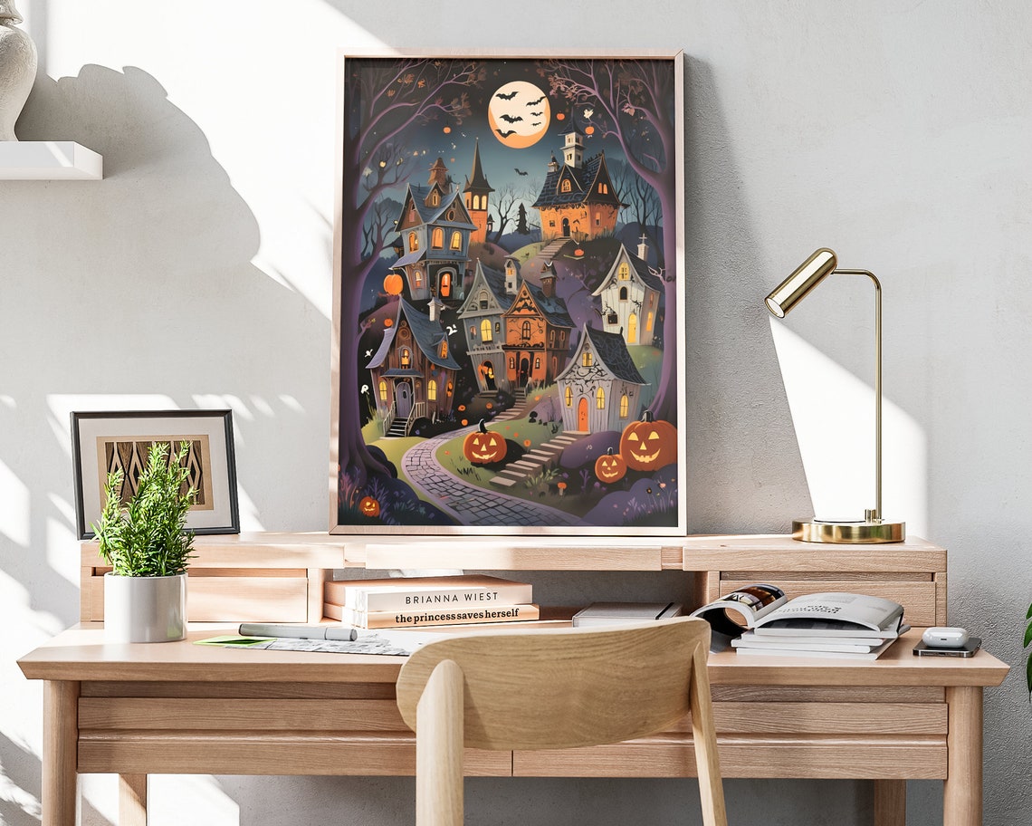 Halloween Haunted Town Full Moon Bats Jack O Lanterns Night Poster - Image 4