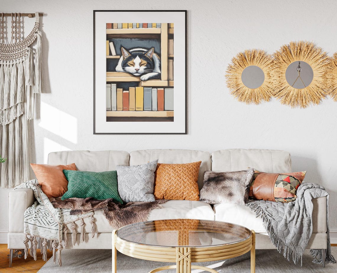 Calico Cat Sleeping On Bookshelf Among Books Cozy Wall Art Poster - Image 2