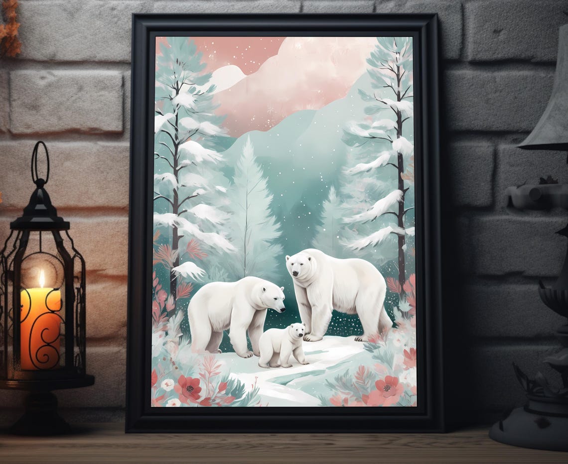 Cute Polar Bear Family In Pastel Snowy Forest Winter Art Poster