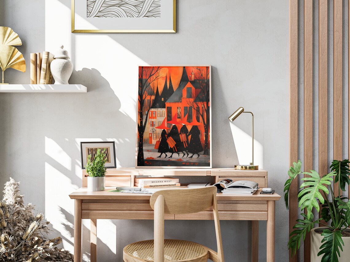 Four Witches Walking Past Orange Haunted House Halloween Night Town Poster - Image 4