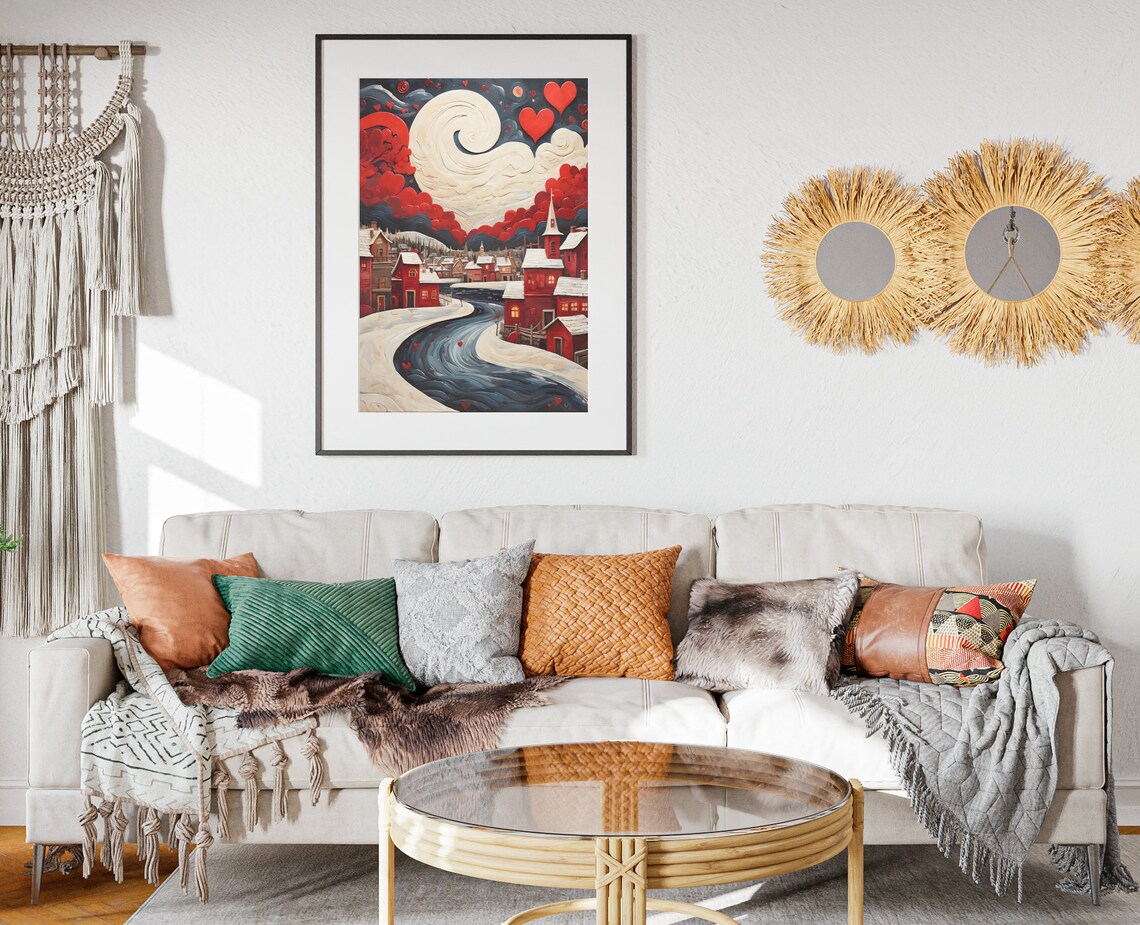 Valentines Snowy Village Red Houses Swirling Moon Folk Art Poster - Image 2