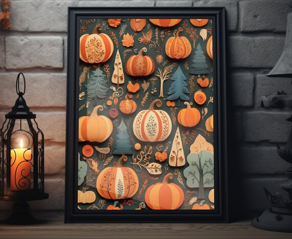 Fall Pumpkin Patch Pattern Teal Orange Autumn Folk Art Poster