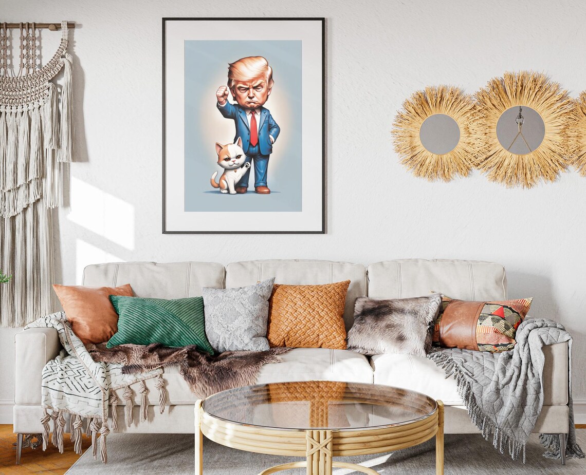 Donald Trump Cartoon Caricature With Cute Orange Cat Funny Art Print - Image 2