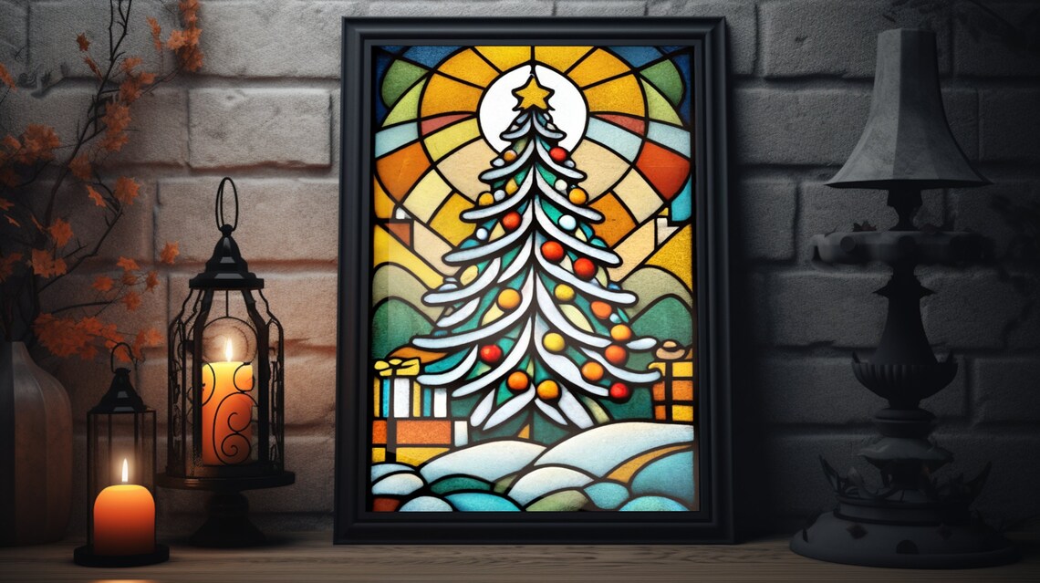 Stained Glass Christmas Tree Ornaments Gifts Sunburst Holiday Poster