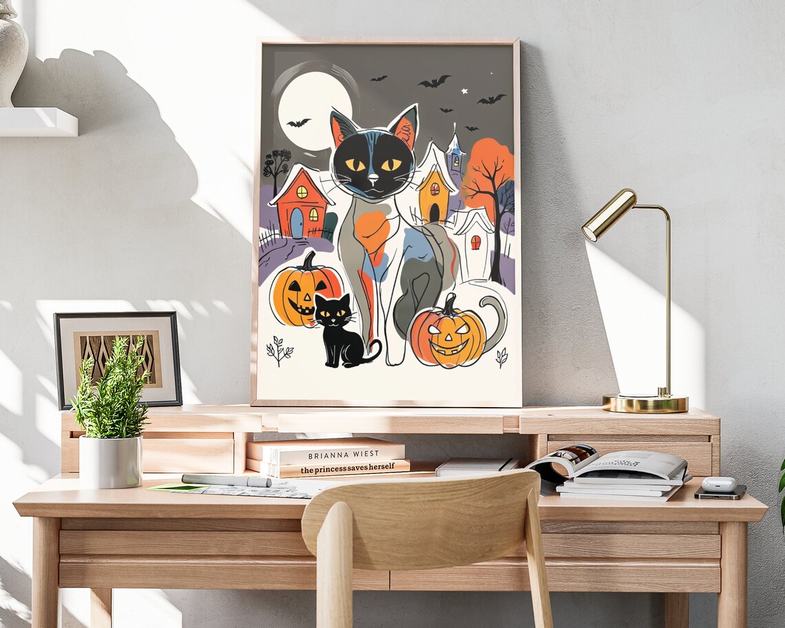 Abstract Halloween Black Cat Pumpkins Moon Haunted Houses Art Poster - Image 4