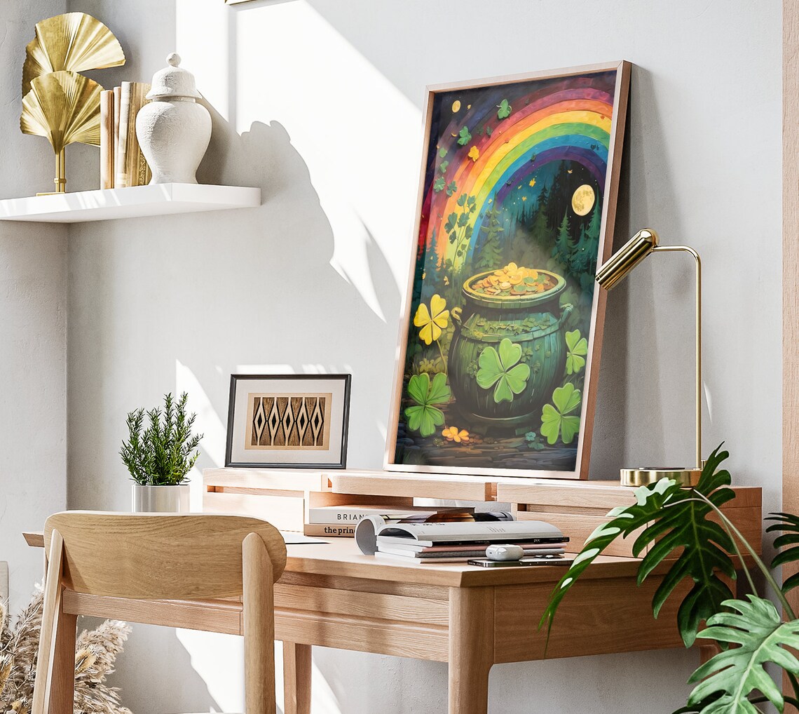 St Patricks Day Pot Of Gold Shamrock Rainbow Night Forest Folk Art Poster - Image 3