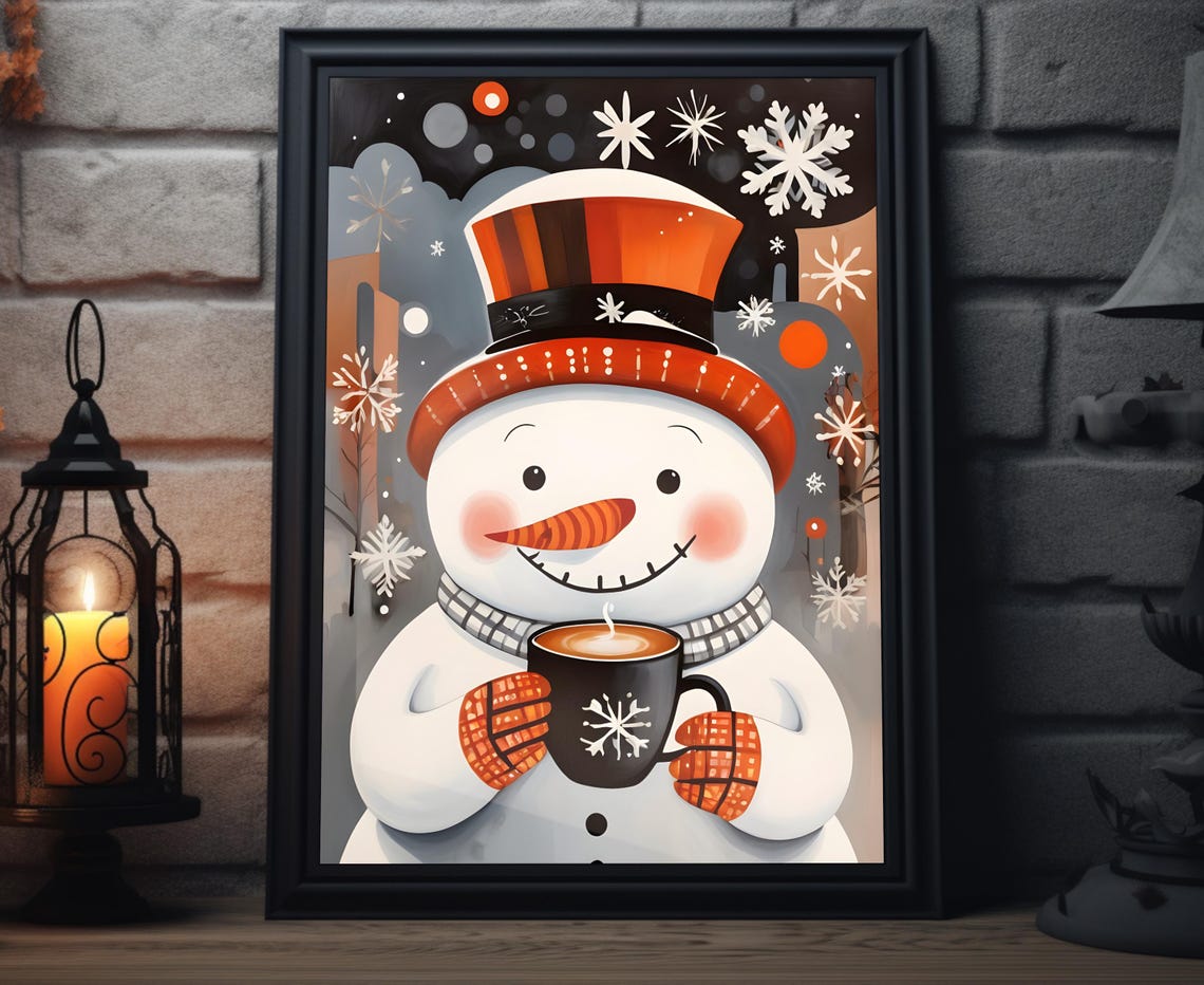Cheerful Snowman Hot Cocoa Top Hat Snowflake Folk Art Poster