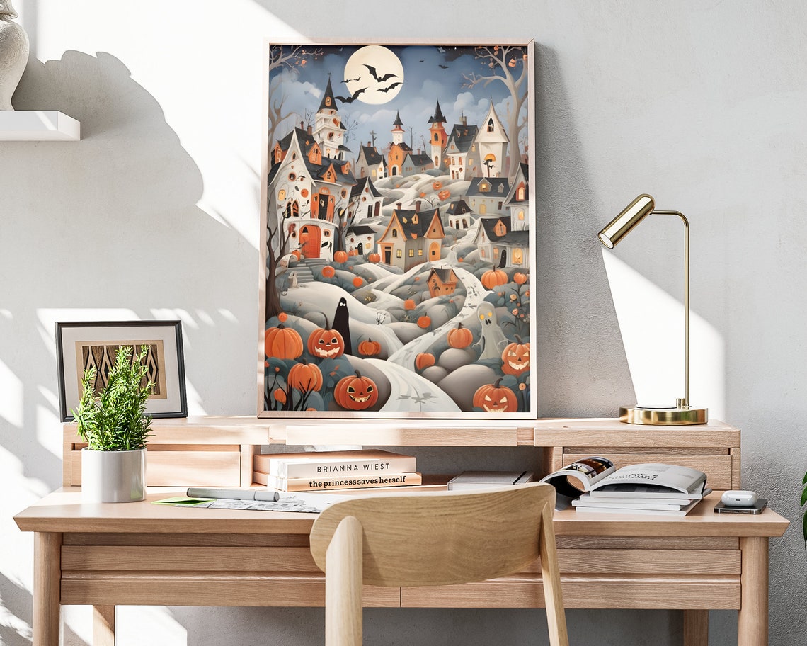 Halloween Village Ghosts Jack O Lanterns Full Moon Spooky Art Poster - Image 4