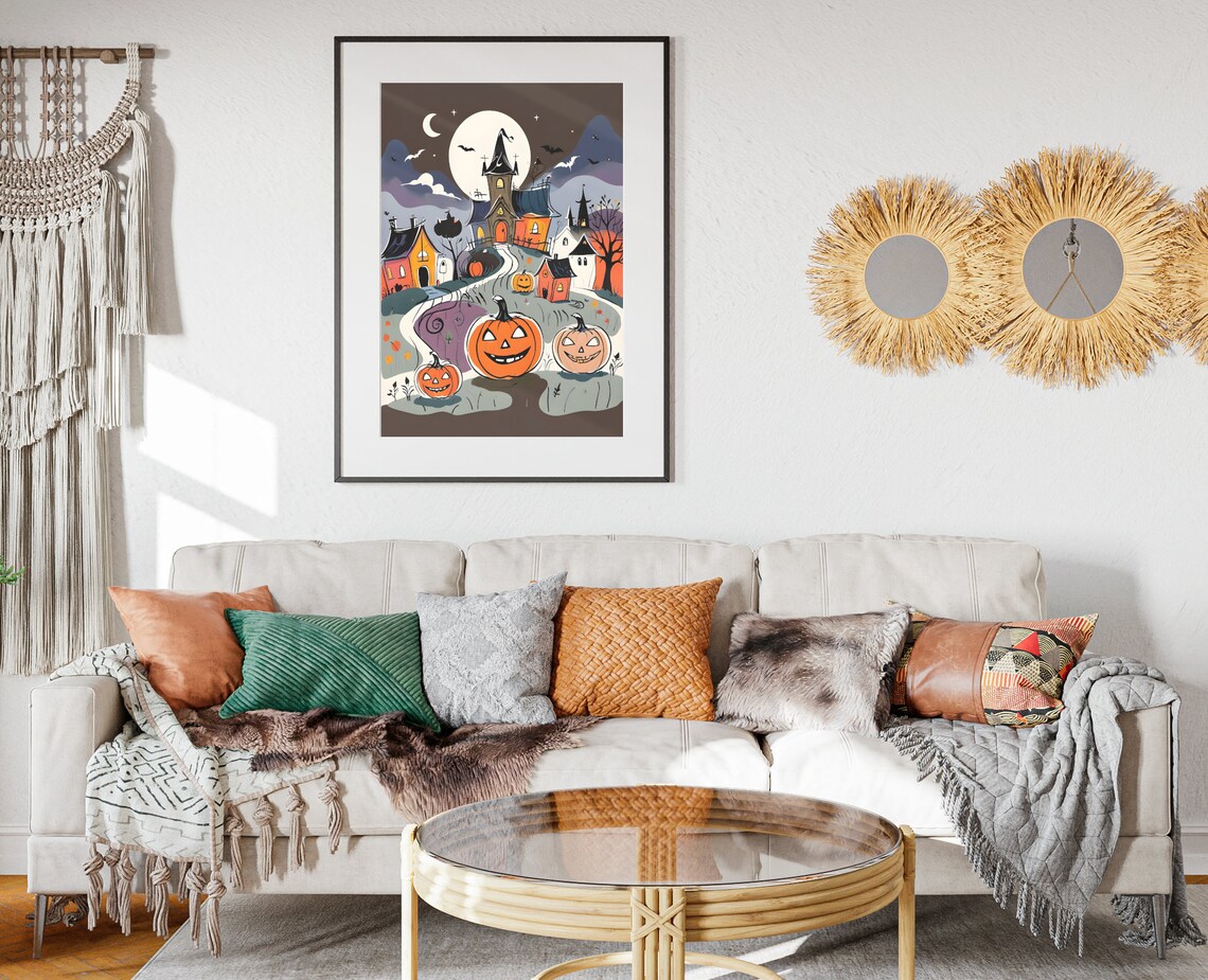 Halloween Castle Village Giant Pumpkins Crescent Moon Art Poster - Image 2
