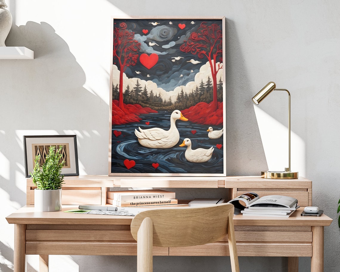Valentines White Ducks River Red Hearts Moonlit Folk Art Poster - Image 4