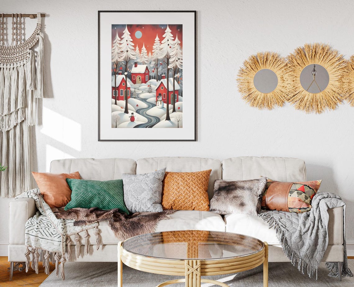 Red Cabins In Snowy Forest Snowmen Red Sunset Winter Art Poster - Image 2