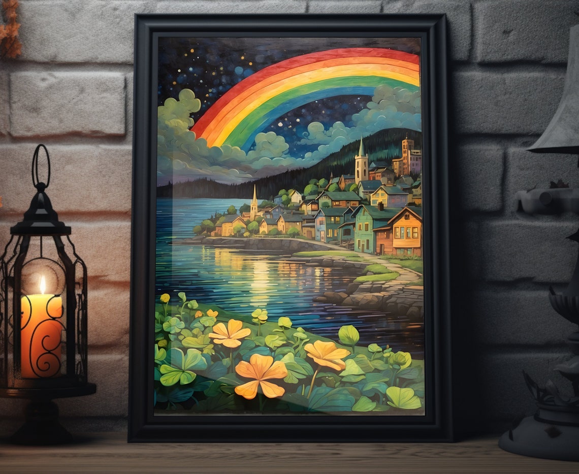 Irish Night Harbor Rainbow Starry Sky Shamrock Folk Art Poster Print