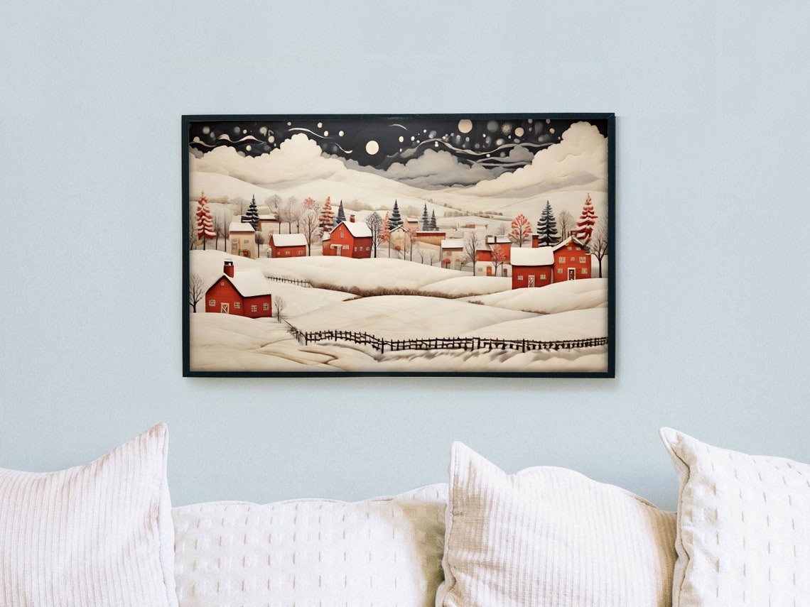 Snowy Valley Red Barns Moonlit Clouds Winter Christmas Night Poster - Image 4