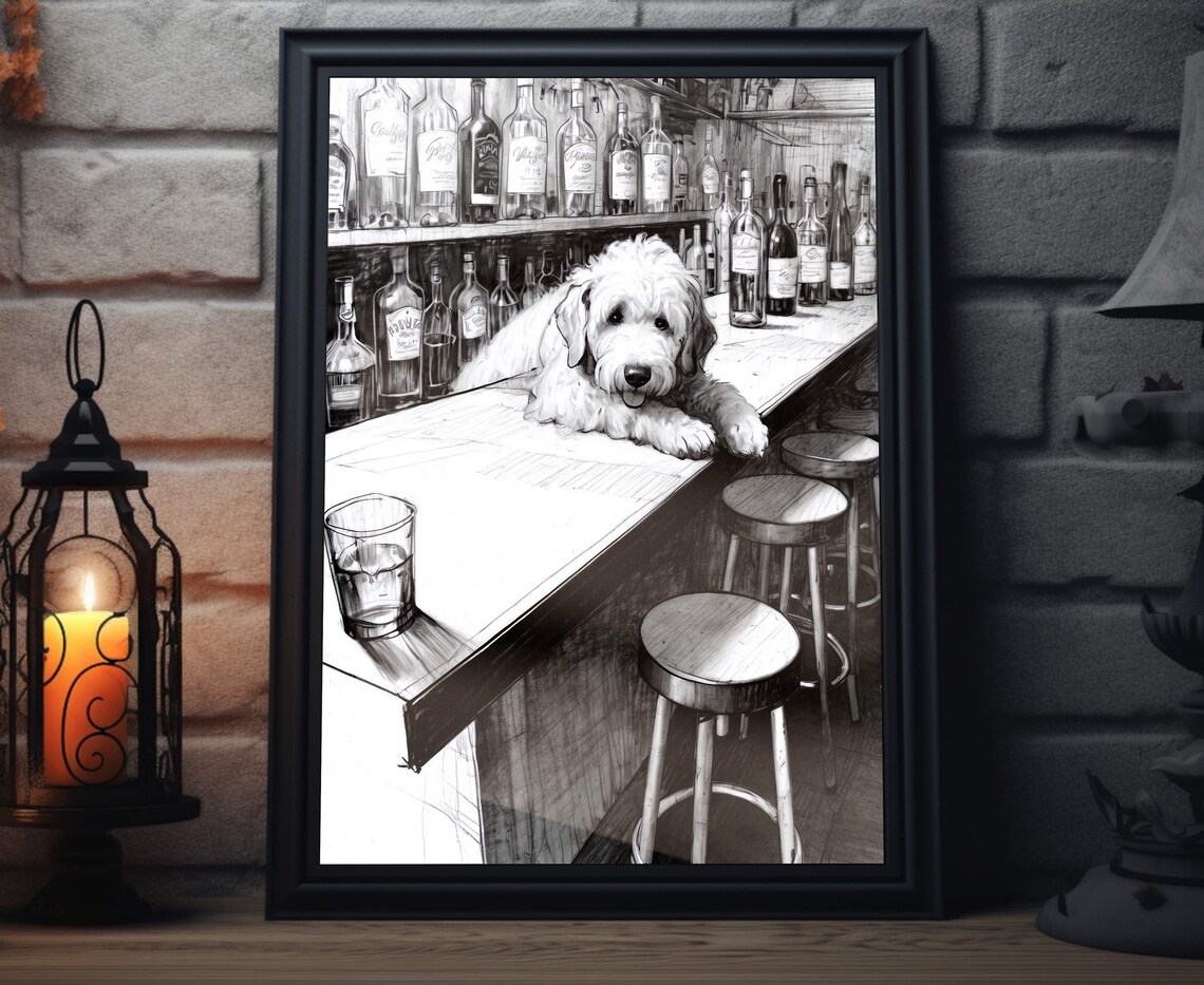 Golden Doodle Dog Bar Art Print, Dog Lover Poster