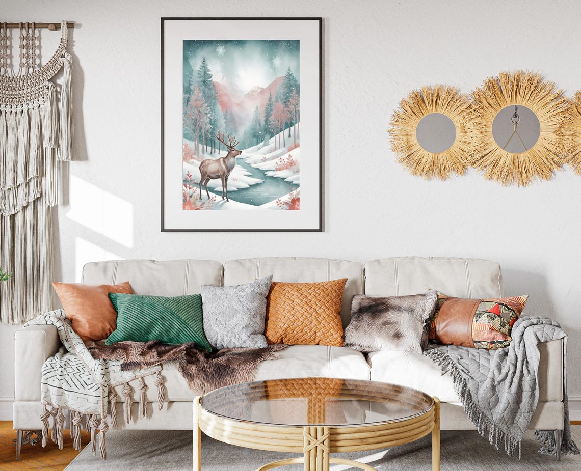 Majestic Deer In Snowy Winter Valley Pastel Moonlight Art Poster - Image 2