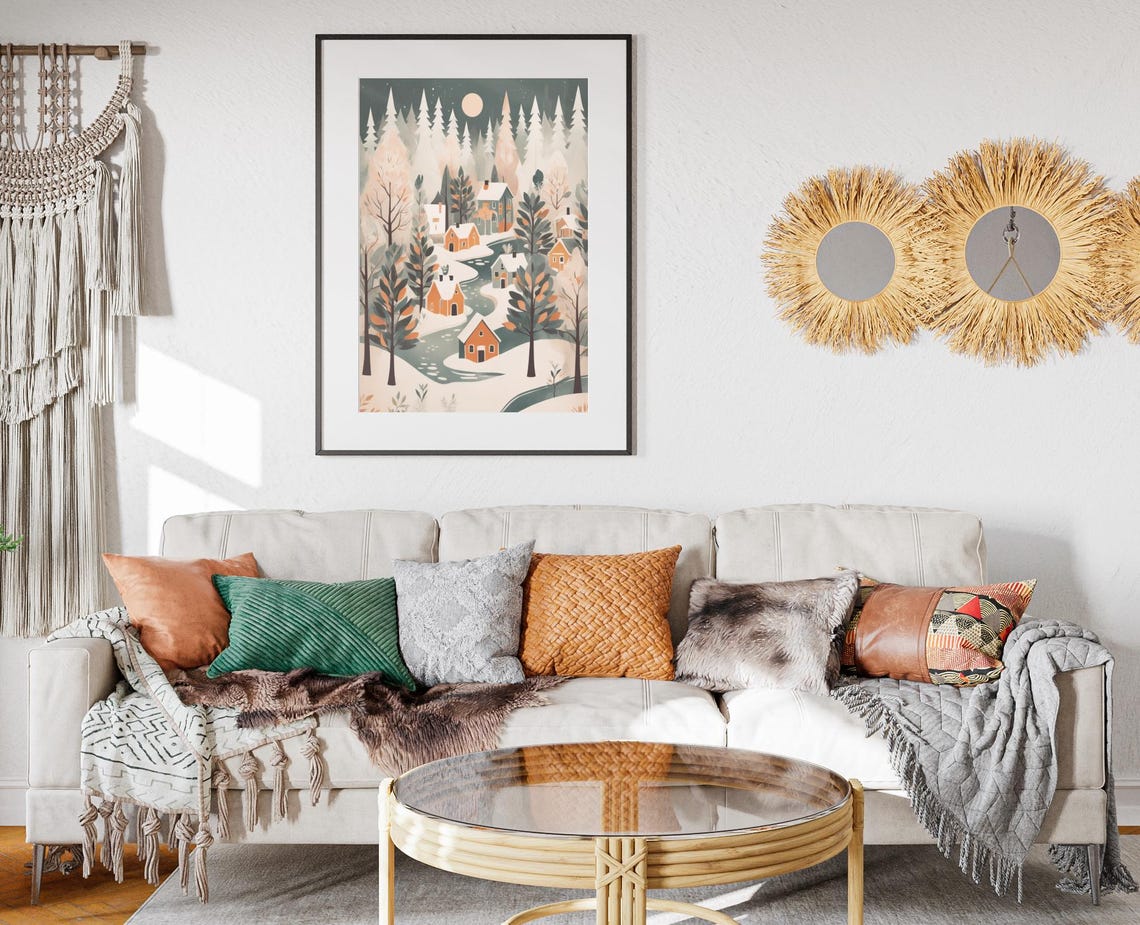 Winter Forest Village Moon Snow Pines Cozy Holiday Art Poster - Image 2