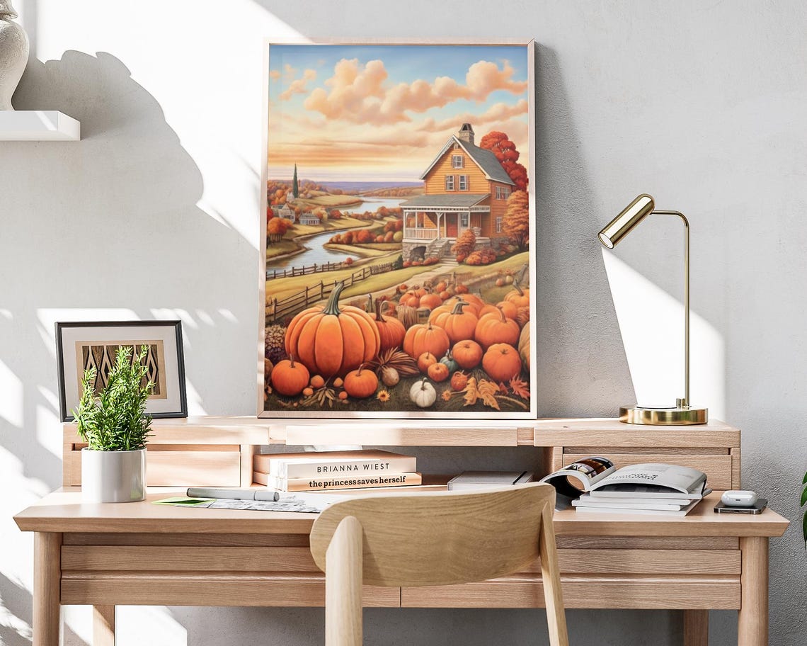 Sunset Farmhouse River Pumpkin Harvest Golden Fall Art Poster - Image 4