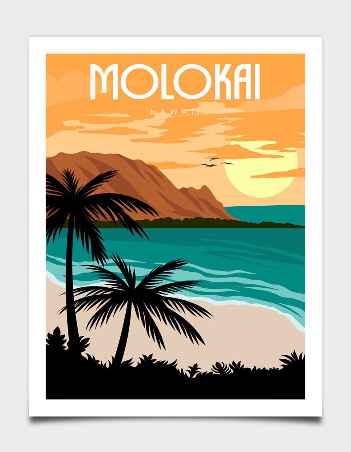 Molokai Hawaii Palm Trees Sunset Beach Tropical Retro Travel Poster - Image 4