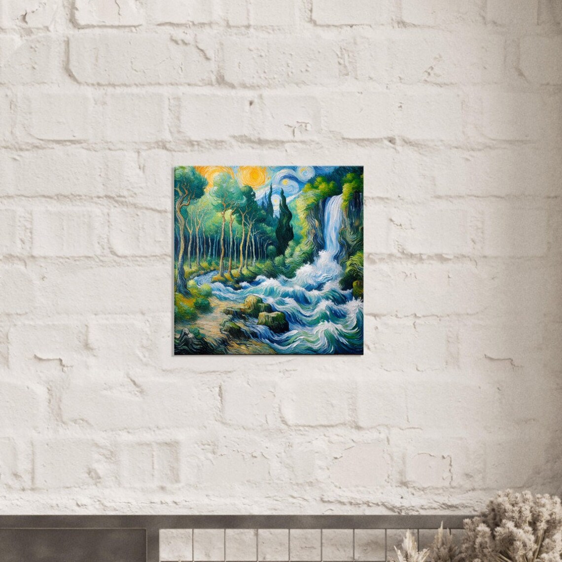 Emerald Waterfall Cascading Forest Rapids Van Gogh Style Art Poster - Image 2
