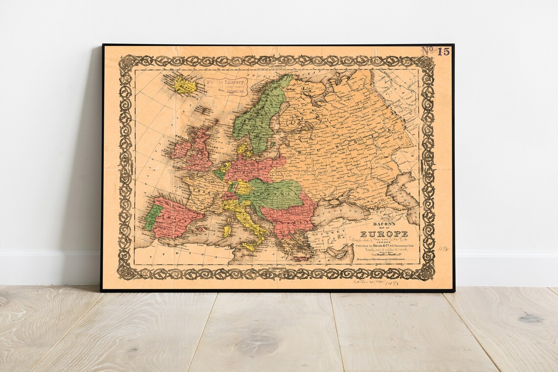 Vintage Map Of Europe Historic 1860 Archival Reproduction Antique