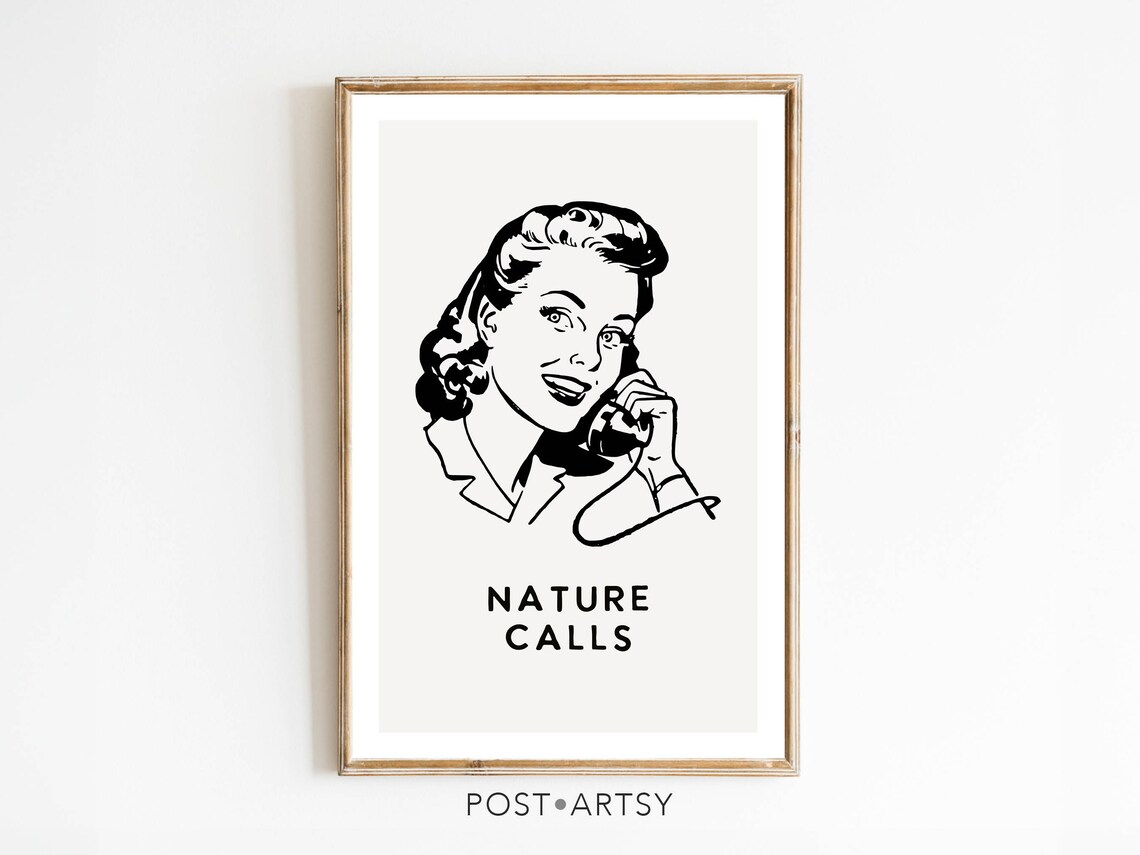 Nature Calls Retro Woman Telephone Bathroom Humor Black White Poster