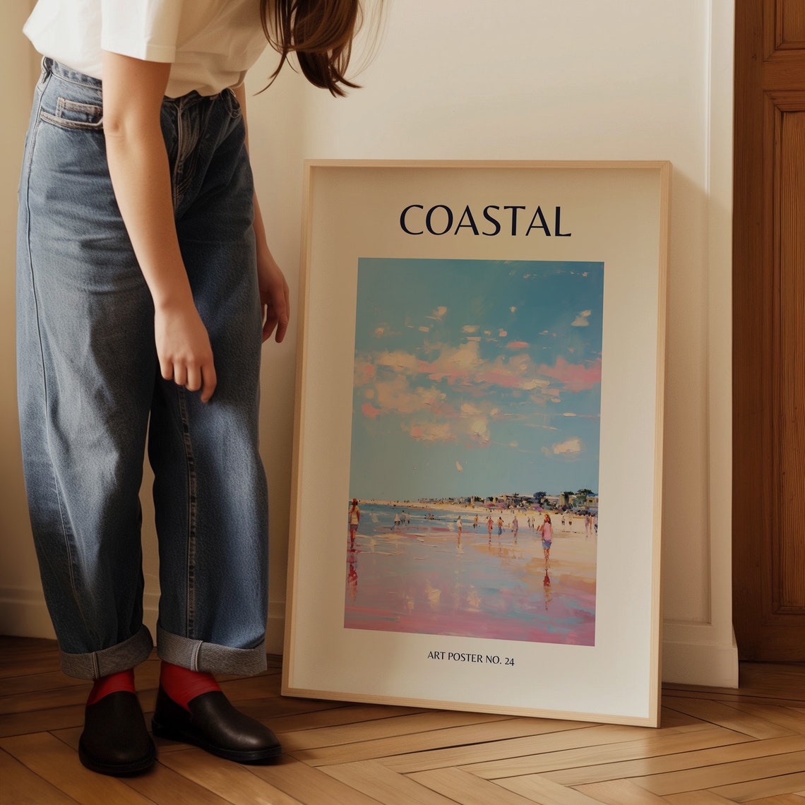 Coastal Blue Sky Beachgoers Pink Sand View Art Poster No. 24 - Image 3