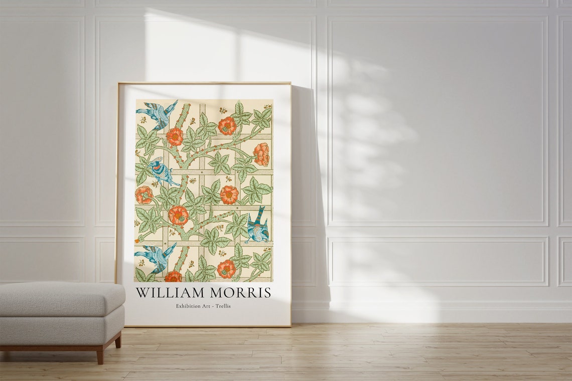 William Morris Trellis Exhibition Art Blue Birds Floral Pattern Poster