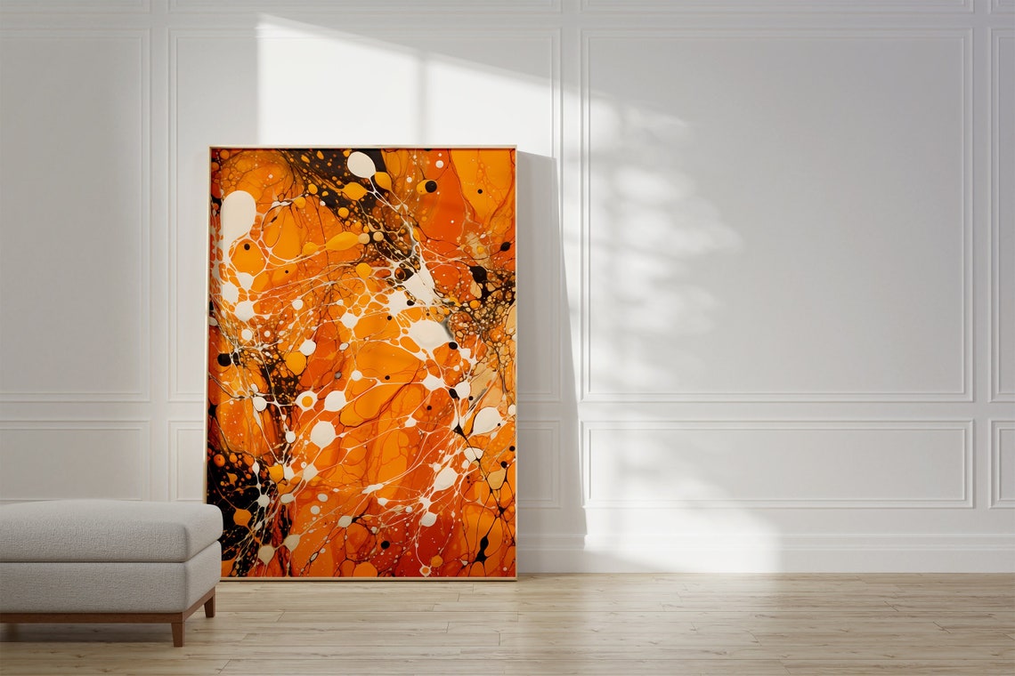 Warm Burnt Orange White Black Marbled Abstract Fluid Art Poster