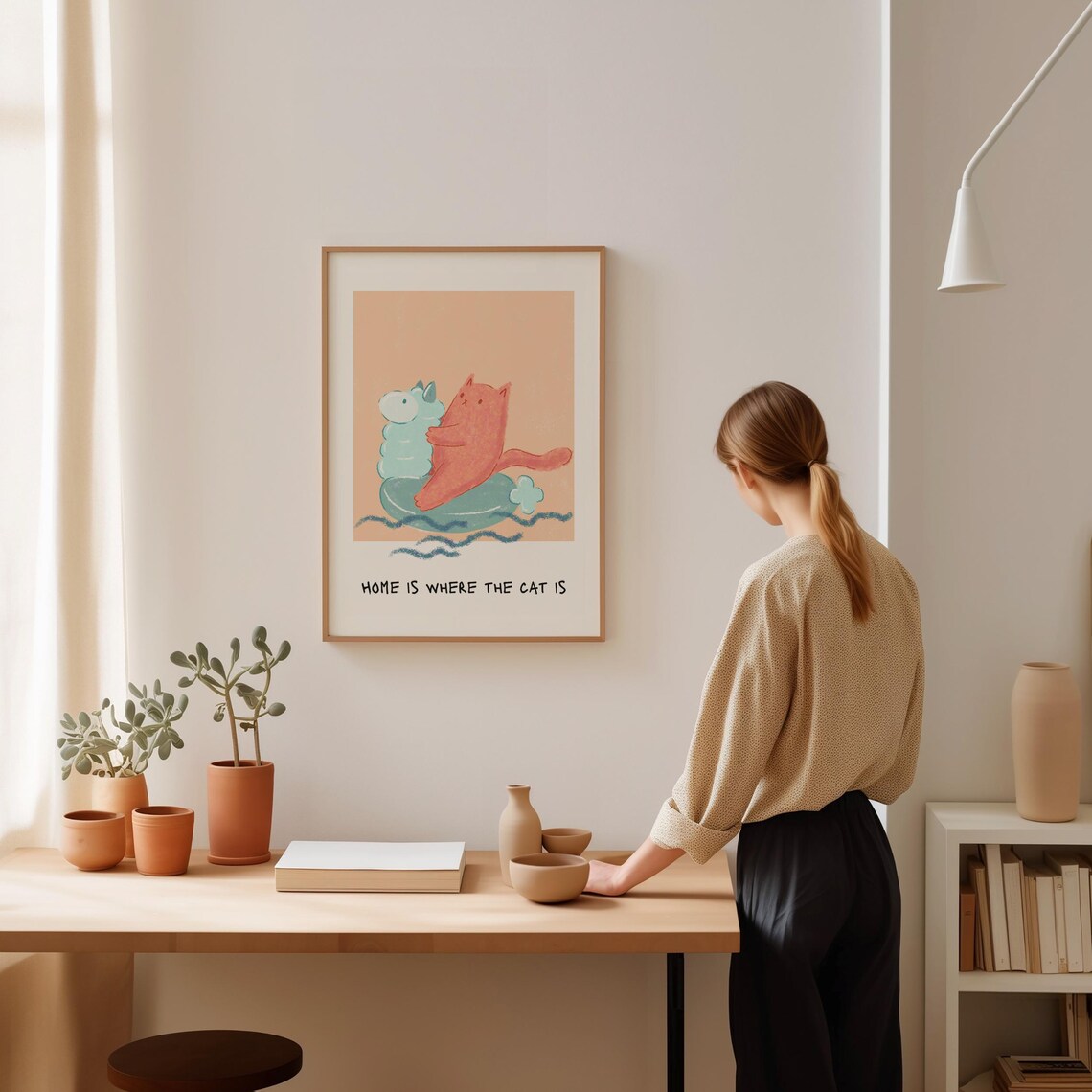 Home Is Where the Cat Is Whimsical Surfing Cat Peach Art Poster - Image 2
