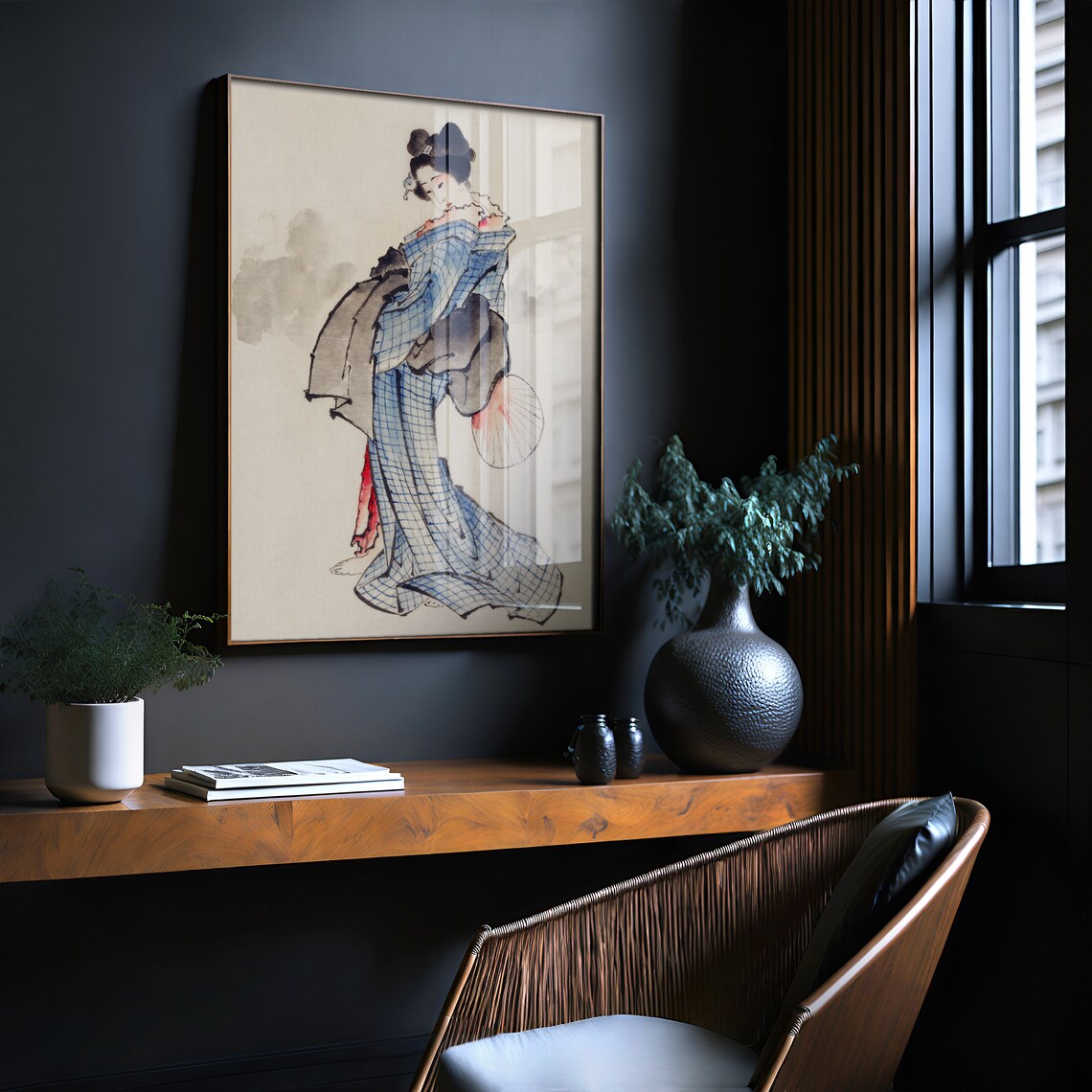 Elegant Japanese Geisha Blue Kimono Fan Ukiyo E Style Art Poster - Image 2
