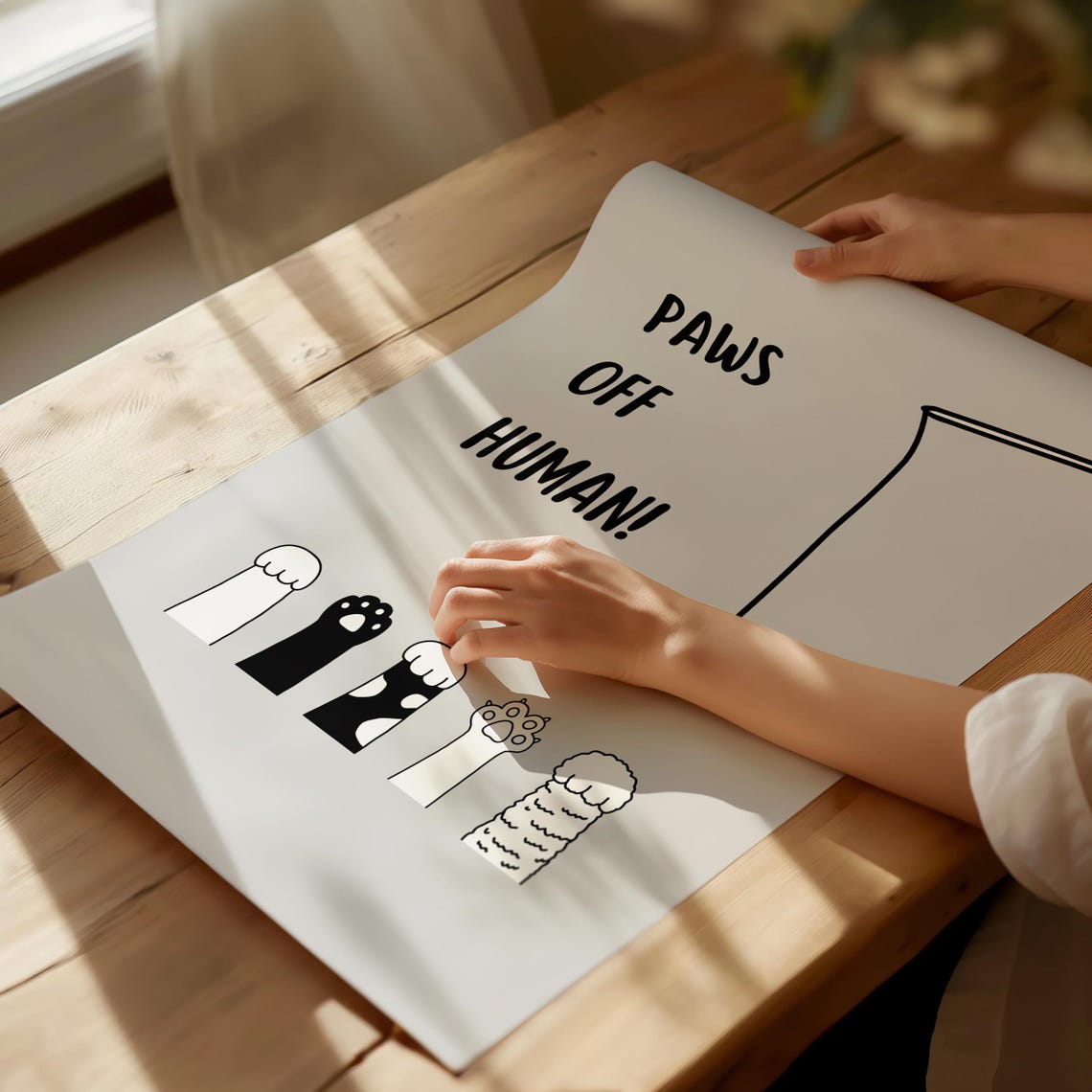 Paws Off Human Funny Dangling Cat Paws Minimalist Line Poster - Image 4