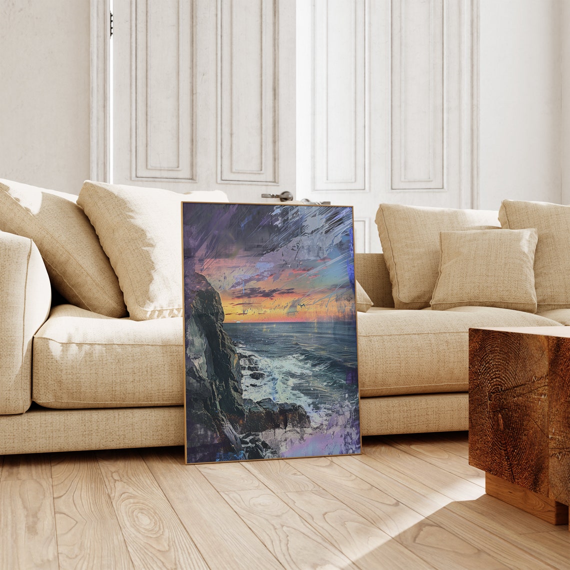 Rocky Coastline Sunset Orange Purple Sky Ocean Waves Art Poster - Image 2