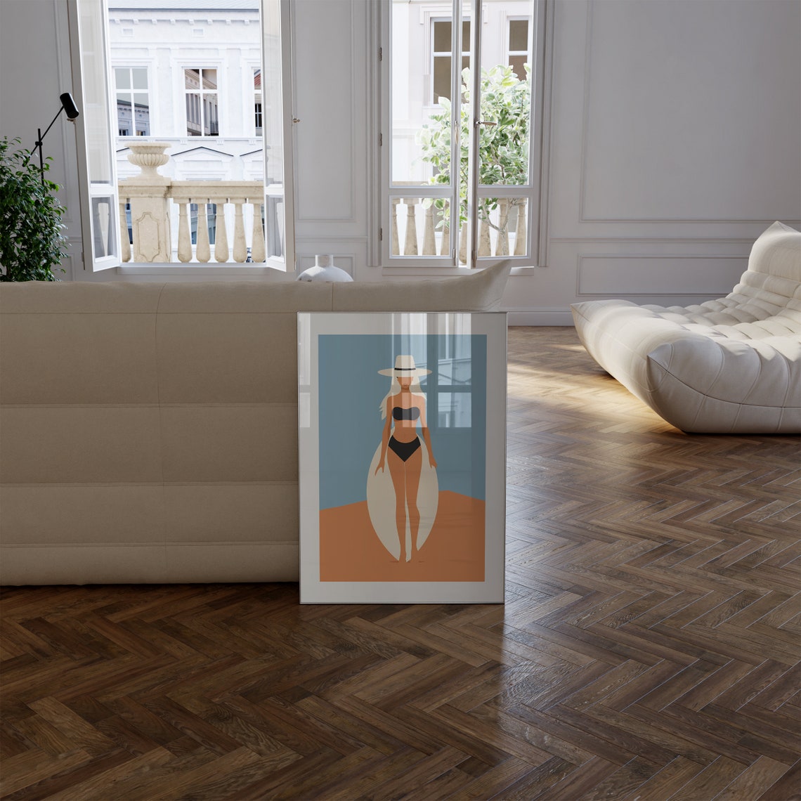 Minimalist Surfer Girl White Surfboard Terracotta Art Poster - Image 2