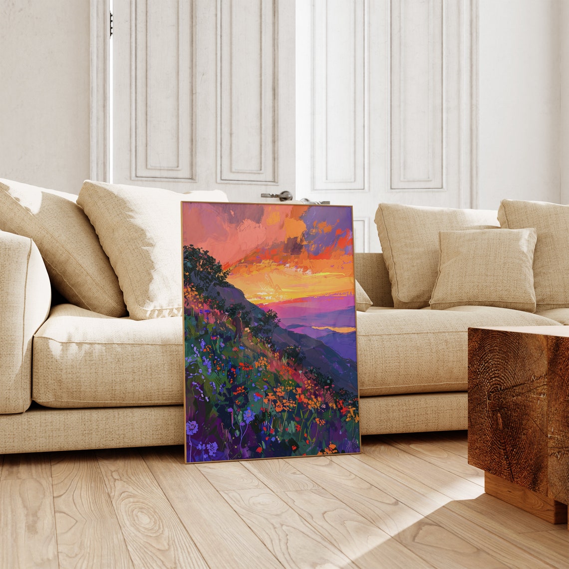 Sunset Over Mountains with Wildflower Meadow and Hiker Art Poster - Image 5