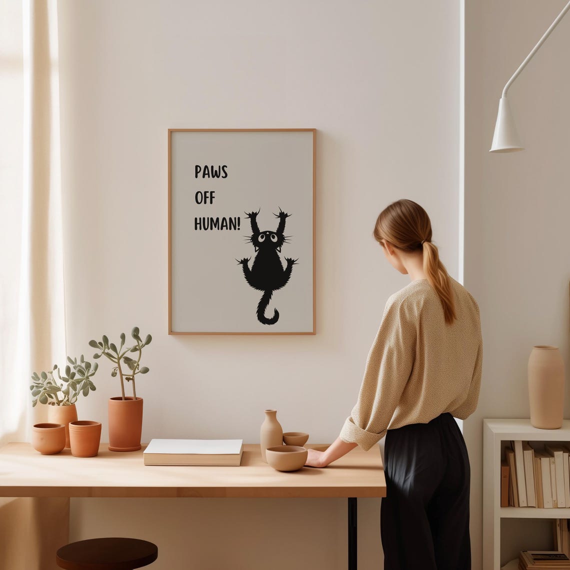 Paws Off Human Funny Black Cat Clinging with Paws Up Art Poster - Image 2