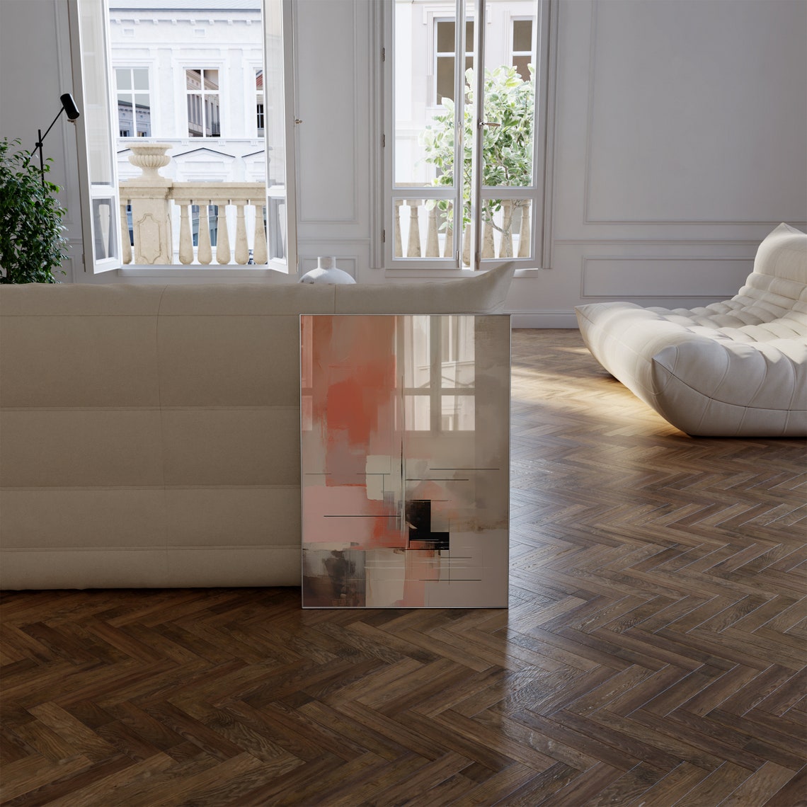 Coral Blush Abstract Painterly Blocks With Thin Black Lines Poster - Image 2