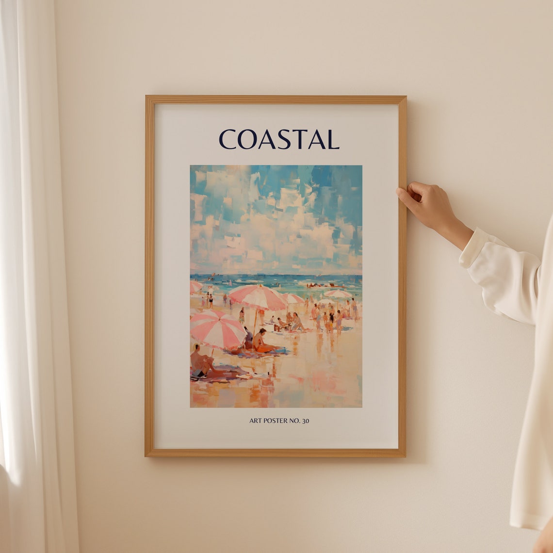Coastal Pink Striped Umbrellas Impressionist Art Poster No. 30
