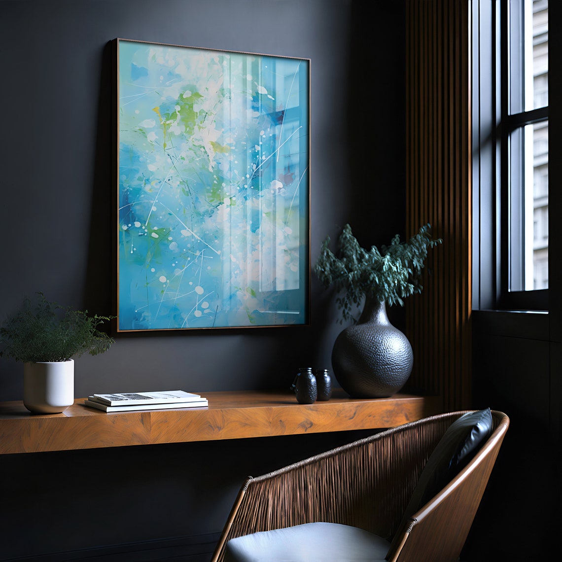 Teal Blue and Green Abstract Splatter Modern Painting Art Poster - Image 2