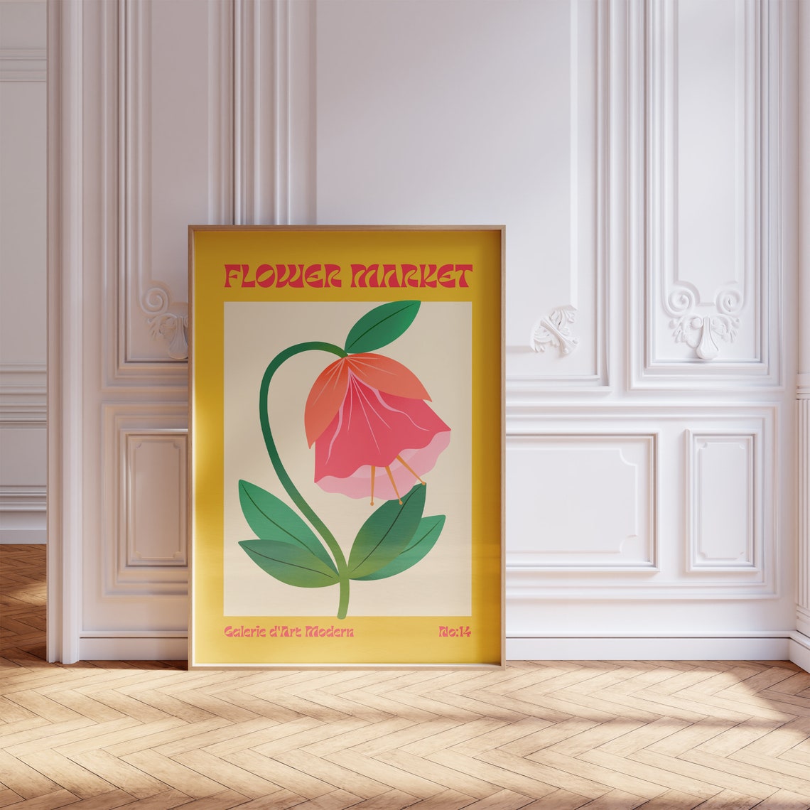 Flower Market No 14 Pink Bell Flower Mustard Retro Art Poster - Image 5