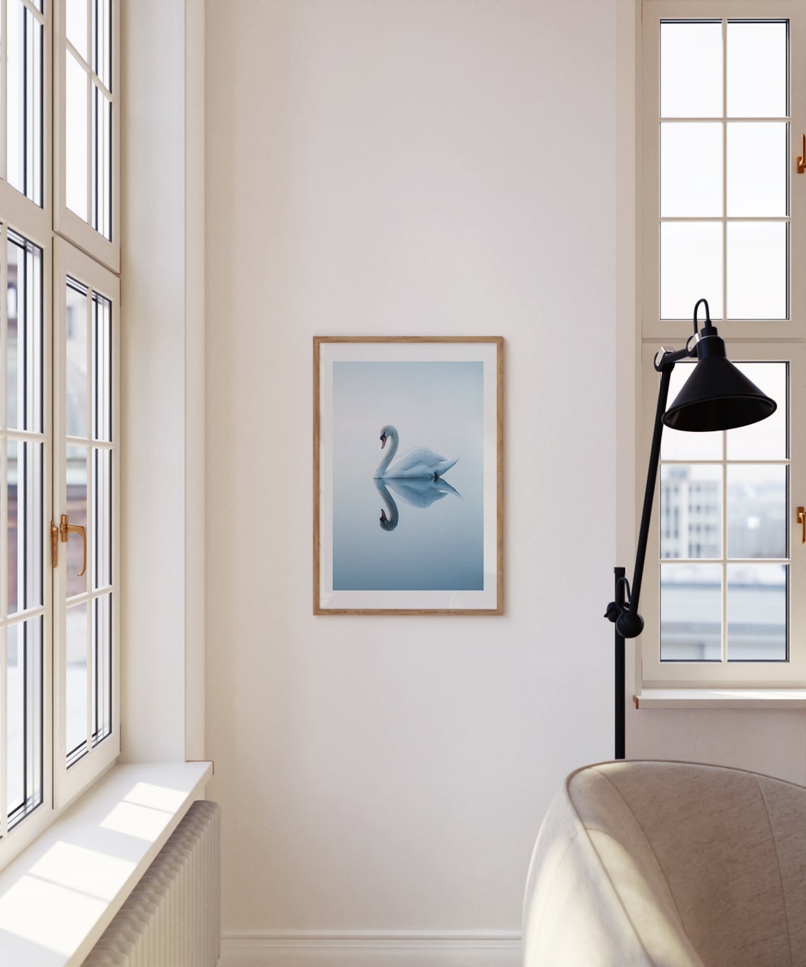 White Swan Mirror Reflection Still Water Minimalist Photo Poster - Image 3