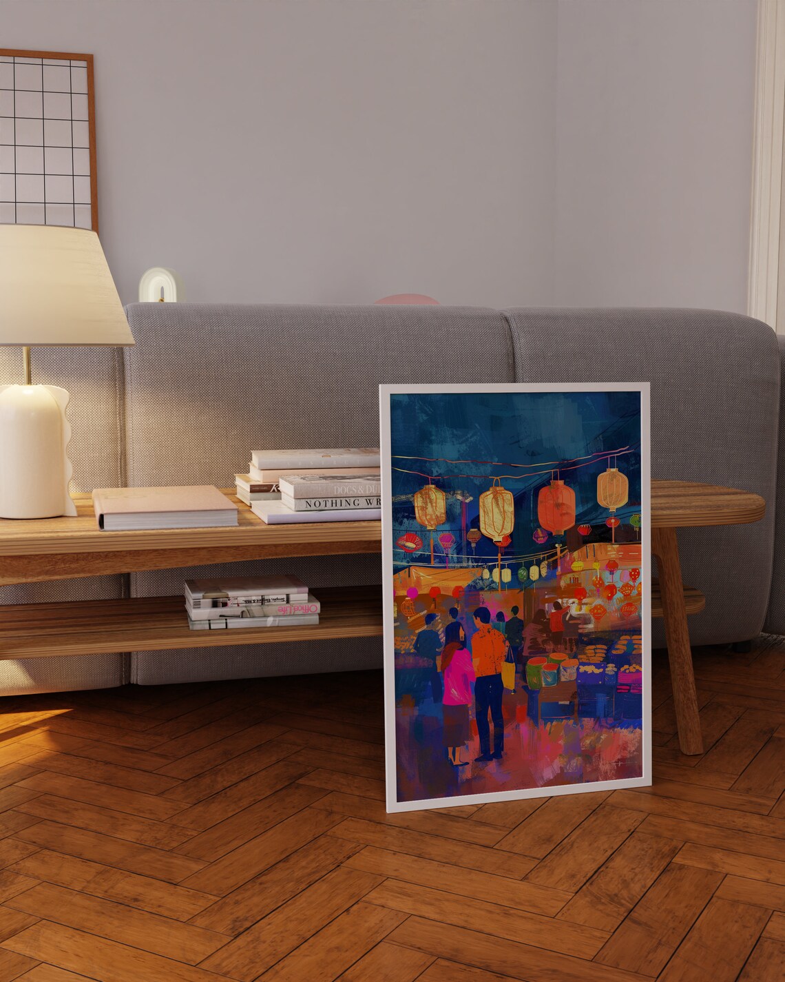 Night Lantern Market Couple Blue Orange Vibrant Festival Poster - Image 2
