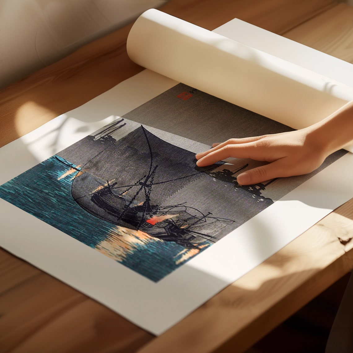 Hiroaki Takahashi Tsukuda Island Fishing Nets Night Woodblock Poster - Image 3