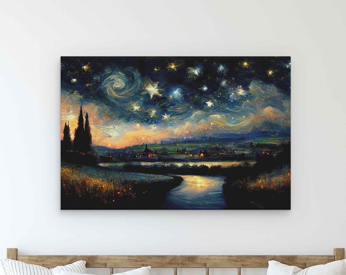Starry Night Over River Village Swirling Sky Impressionist Art Poster