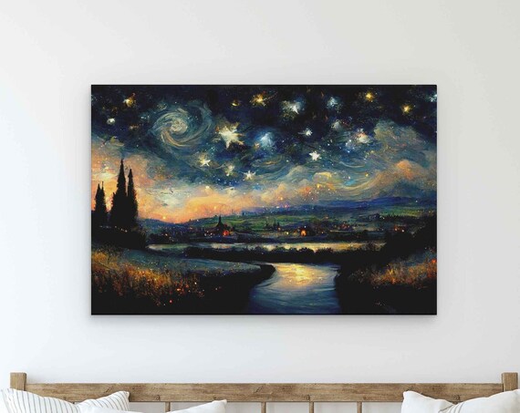 Starry Night Over River Village Swirling Sky Impressionist Art Poster
