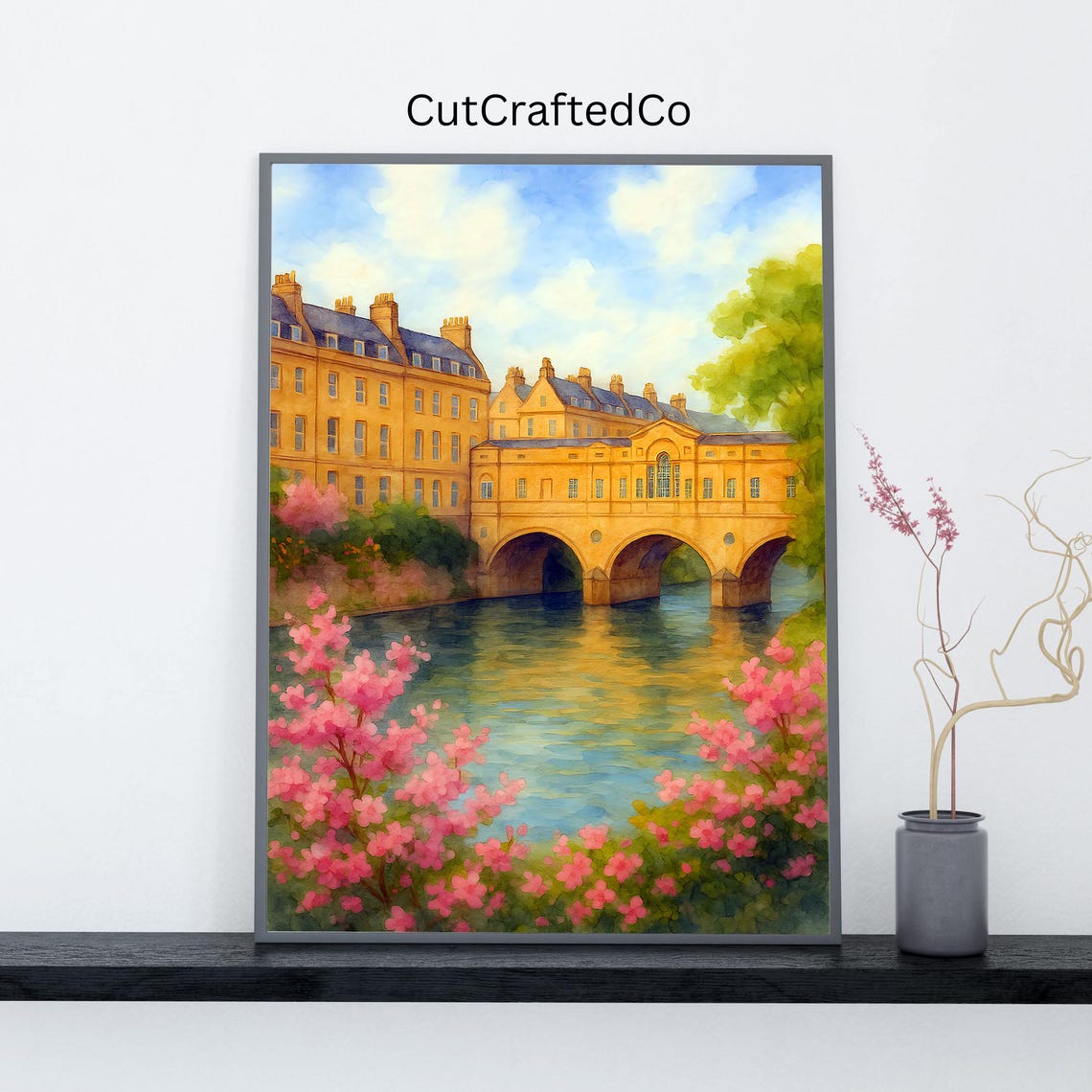 Pulteney Bridge Bath Georgian Crescent Pink Blossom Watercolor Poster